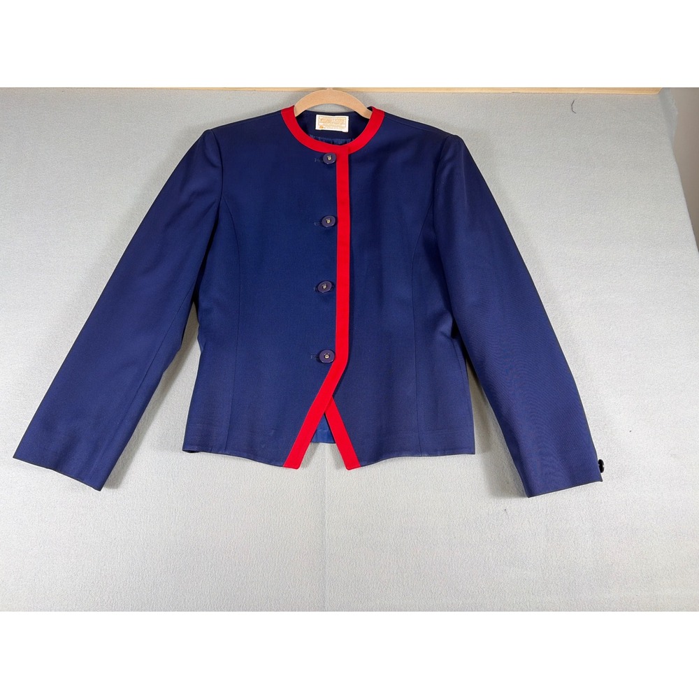 Pendleton Vintage Wool‎ Blazer Womens 8 Navy Blue Red Trim Collarless Jacket USA